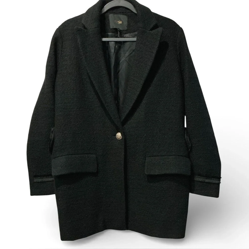 MAJE Paris Boucher Bouclé Wool Blend Coat Black Designer Tailored Belted Back M